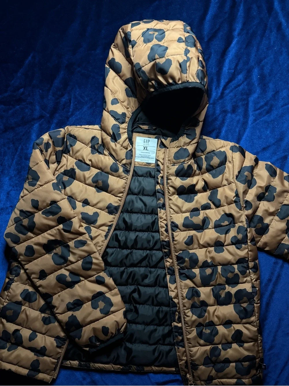 GAP Kids Tan and Black Leopard-Print Hooded Puffer Jacket